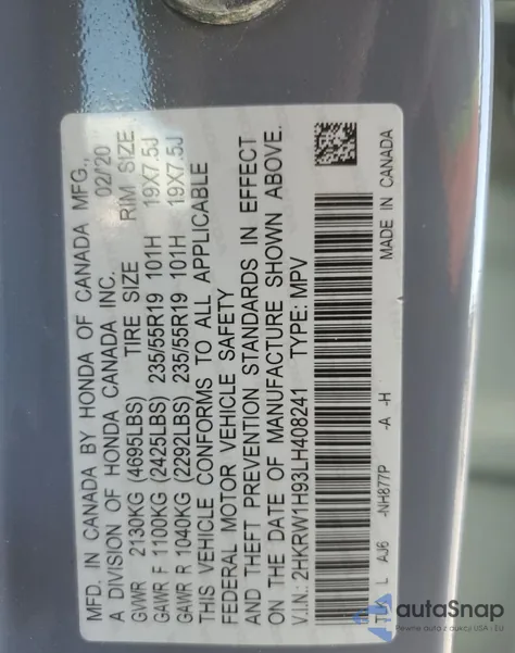 2020 Honda Cr-V Touring from USA, damaged, VIN 2HKRW1H93LH408241